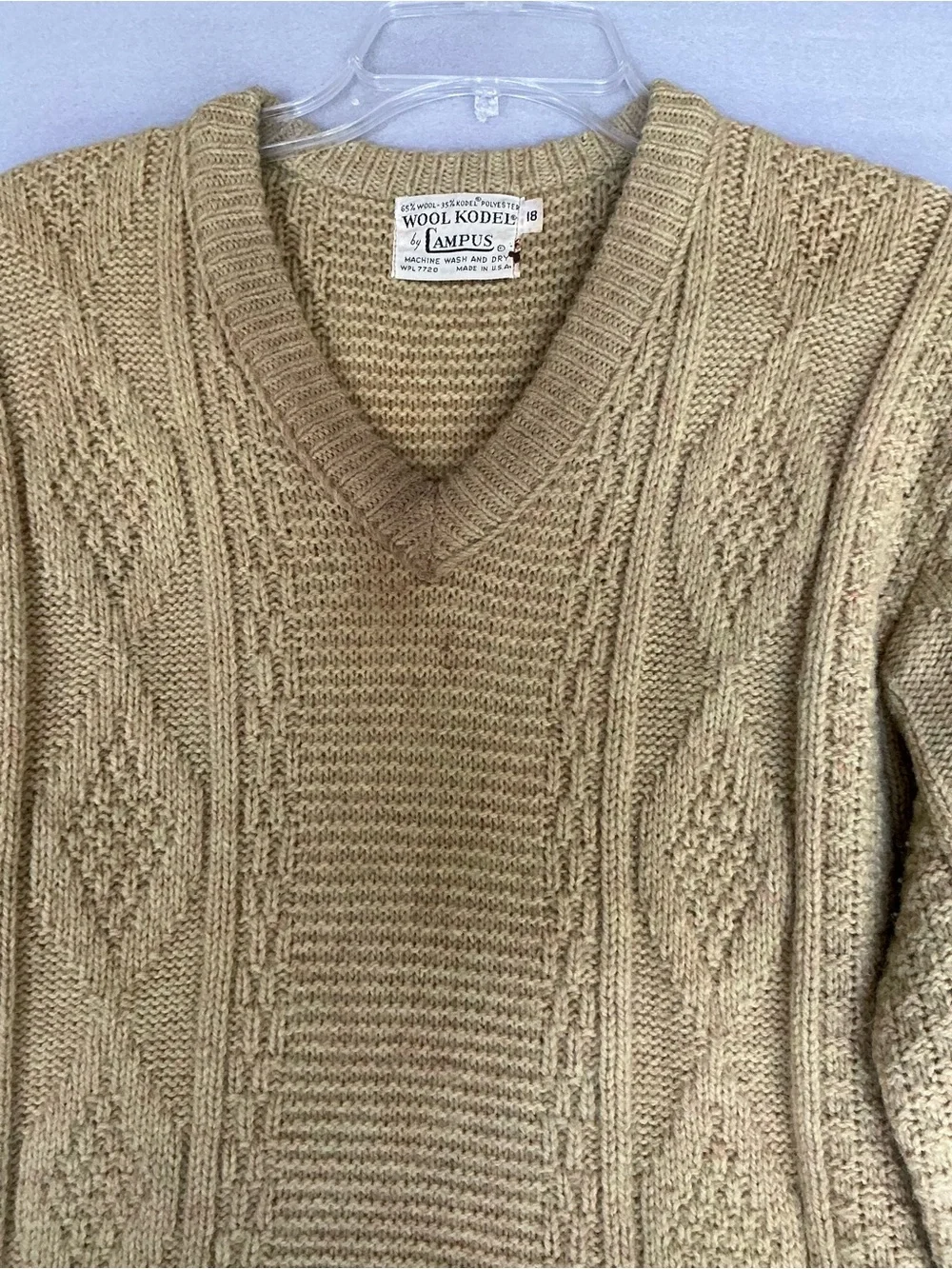Vintage Campus Men Sz 18 XL Yellow Cable Knit V-Neck Sweater Made In USA Grandpa